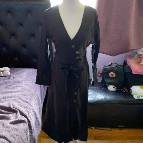 Washed Black Suede Button-Up Midi Dress - Picture 4 of 9